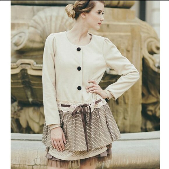 A'reve ribbon & button elegant peplum coat brown cream - Picture 1 of 9